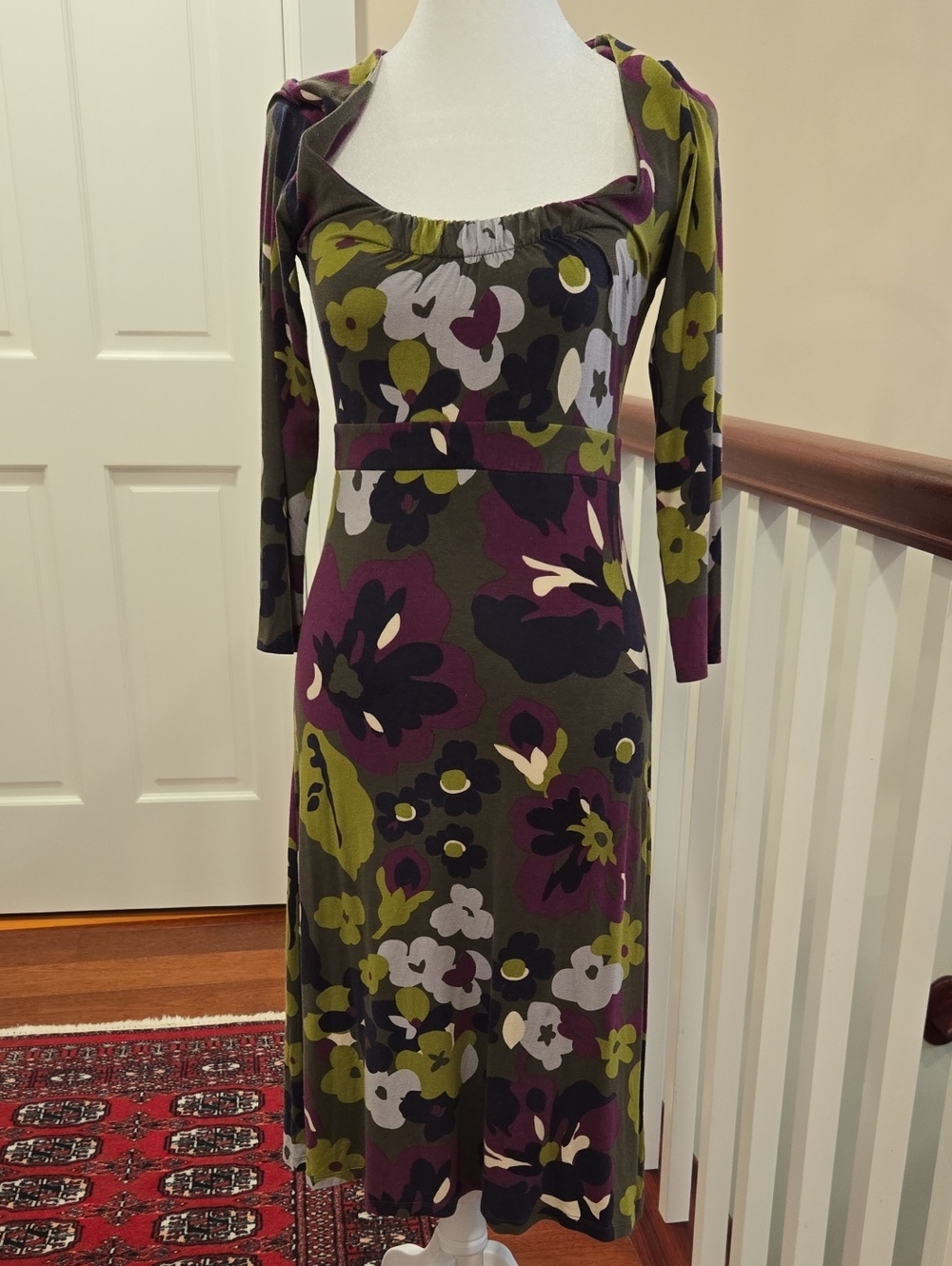 Boden Olive, Plum and Black Floral Long-Sleeve Midi Dress